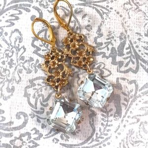Vintage Diamond crystal brass floral earrings